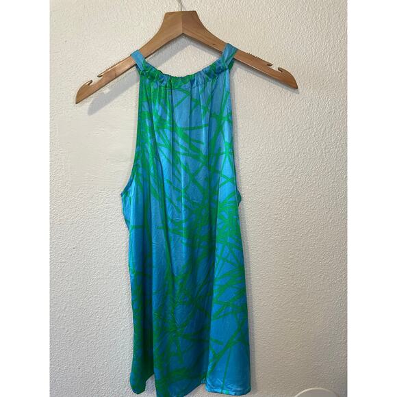 Anni Kuan Blue & Green Tropical Print High Neck Silk Tank/ Blouse Y2K Medium - Picture 5 of 9
